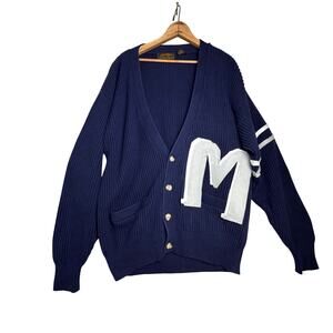Vintage Eddie Bauer Varsity Letterman Cardigan Sweater Mens L Navy Chenille